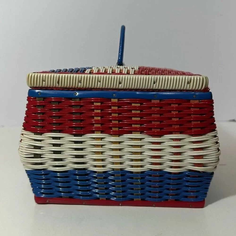 Vintage Red/White/Blue Sewing Basket with Satin Lining